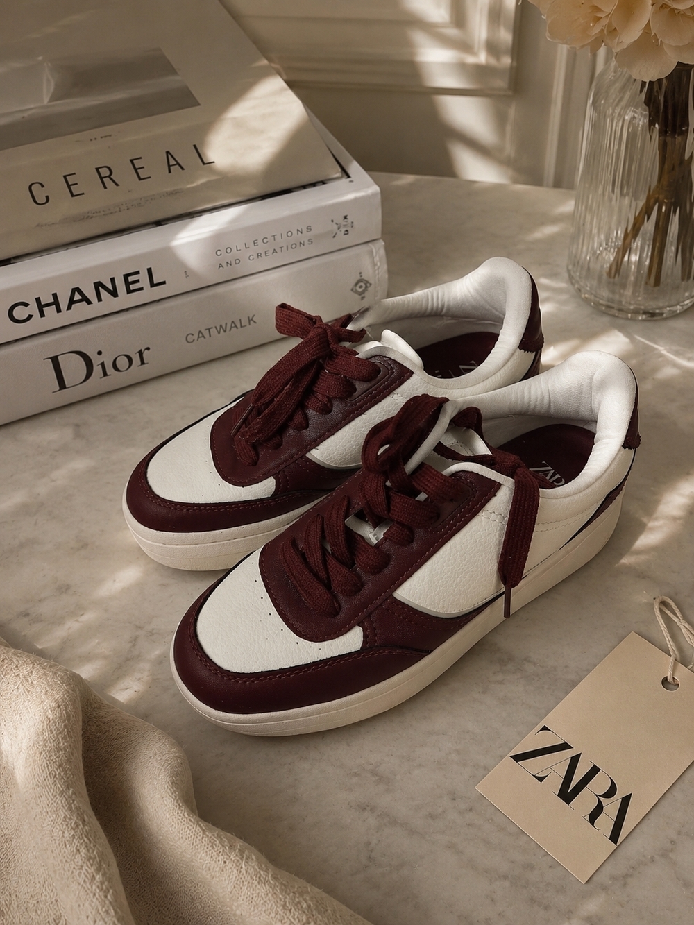 Zara White and Burgundy Casual Sneakers